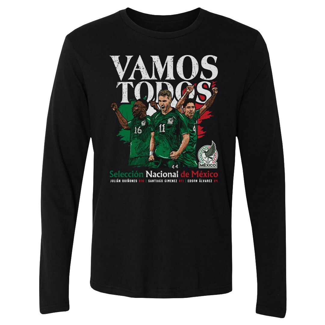 Shop mexico national team 500 level vamos todos julián quiñones santiago giménez amp edson Álvarez long sleeve t-shirt – black – France Football Shirts & World Cup Jerseys