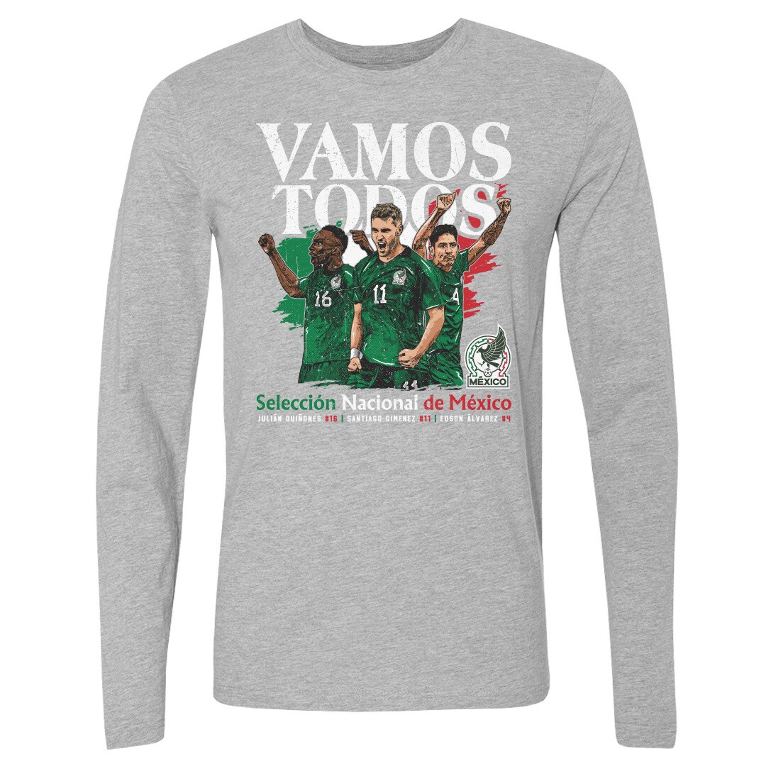 Shop mexico national team 500 level vamos todos julián quiñones santiago giménez amp edson Álvarez long sleeve t-shirt – heather gray – France Football Shirts & World Cup Jerseys