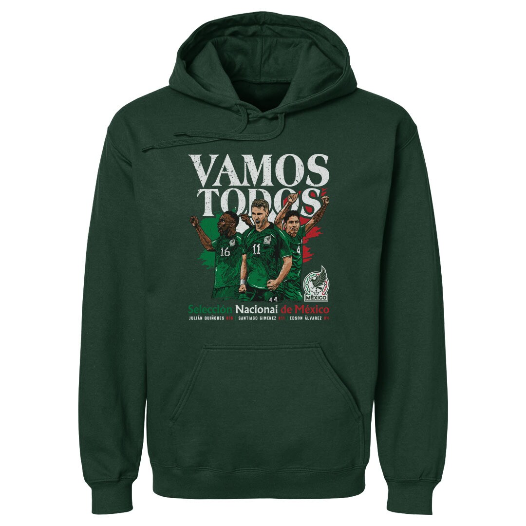 Shop mexico national team 500 level vamos todos julián quiñones santiago giménez amp edson Álvarez pullover hoodie – forest green – France Football Shirts & World Cup Jerseys