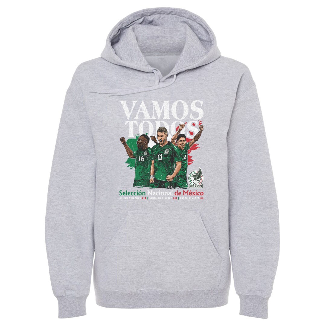 Shop mexico national team 500 level vamos todos julián quiñones santiago giménez amp edson Álvarez pullover hoodie – gray – France Football Shirts & World Cup Jerseys
