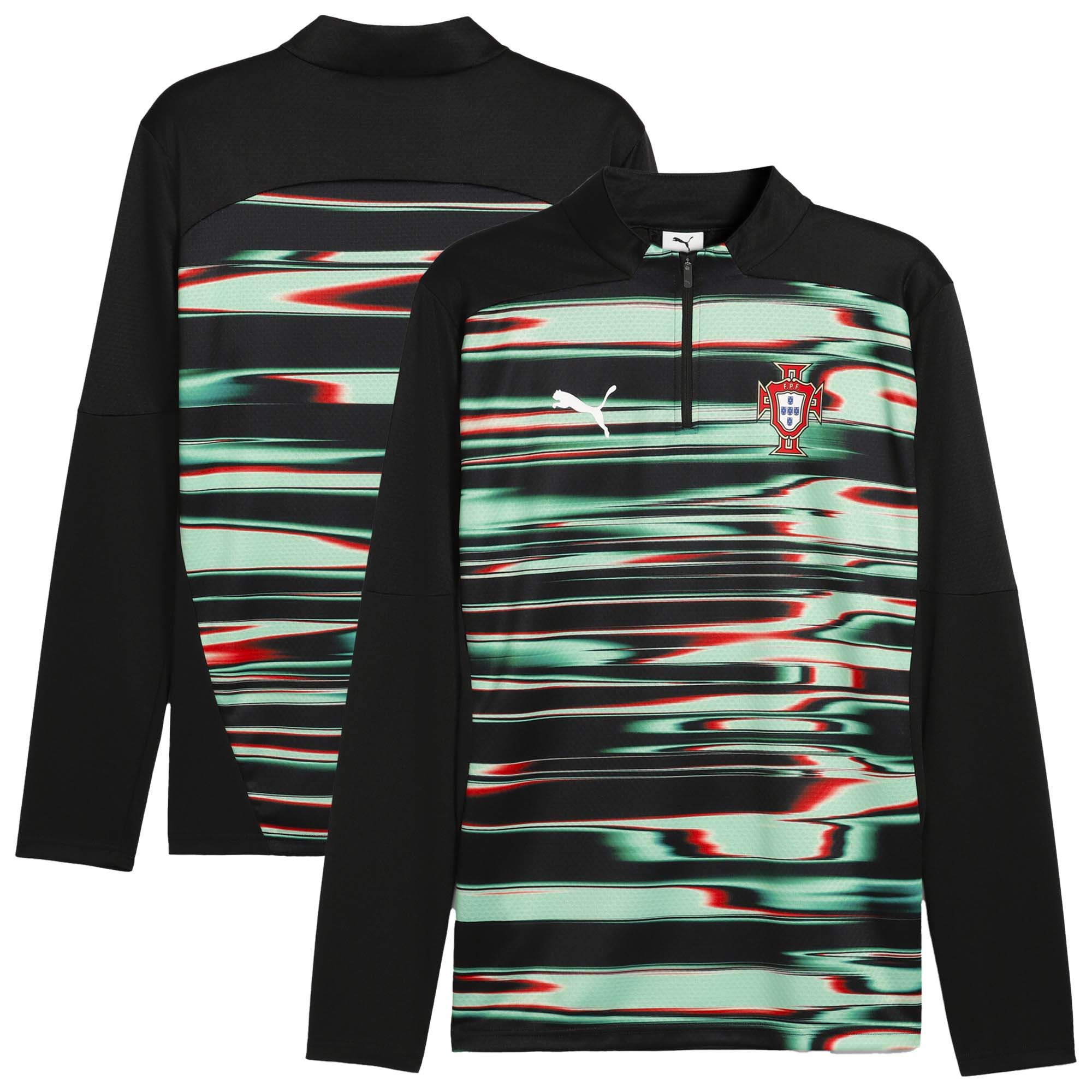 Shop portugal national team puma 2025 pre-match quarter-zip top – black – France Football Shirts & World Cup Jerseys